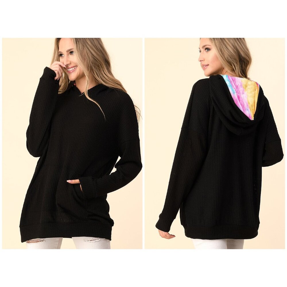 Tie Dye Accent Waffle Knit Hoodie W/ Kangaroo Pocket